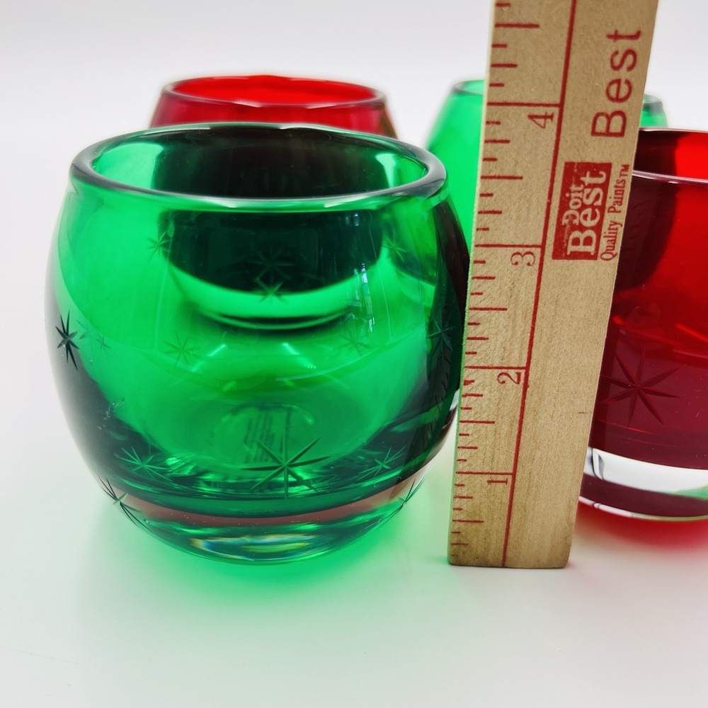 Votive Holder Set Etched Starburst Red‎ Green Glass Hand Blown Poland Christmas - Picture 10 of 10